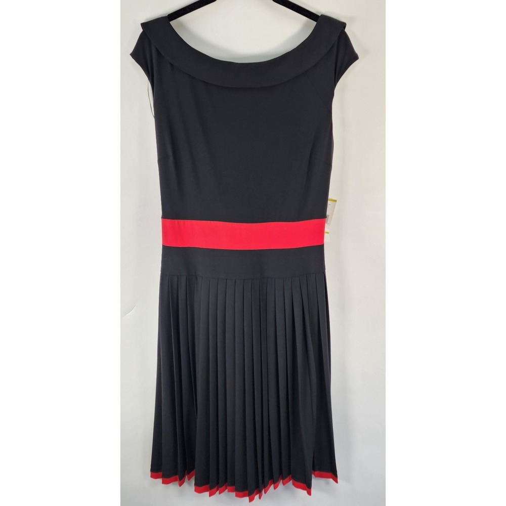 Evan Picone Black Label Dress Women's 14 Black Red Pleated Audrey Hepburn